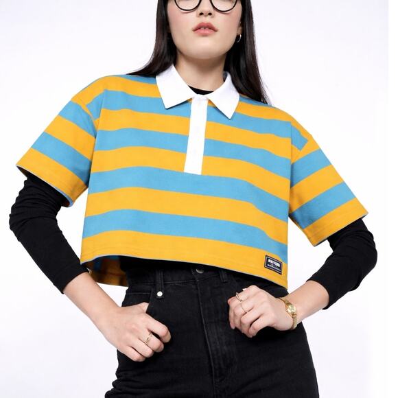 Wildfang Tops - NEW Wildfang Womens Striped Knit Rugby Boxy Top Small Teal Orange